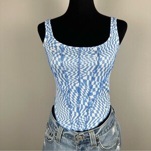 Rue21 Crop Top XS Blue White Swirl Checkered Lettuce Trim Pointed Hem Stretch